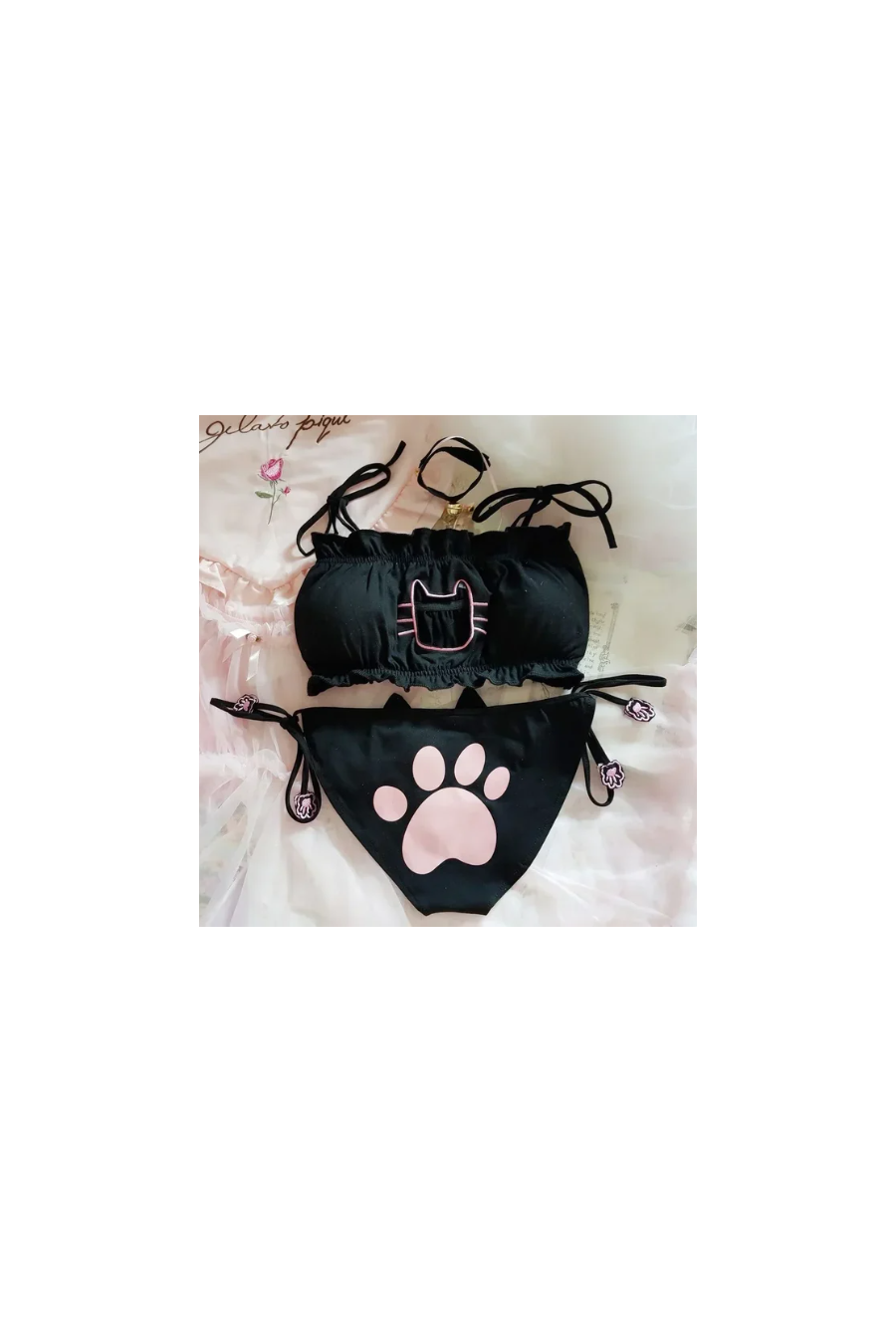 Conjunto Kawaii Gatito Negro Rosa / Blanco Rosa