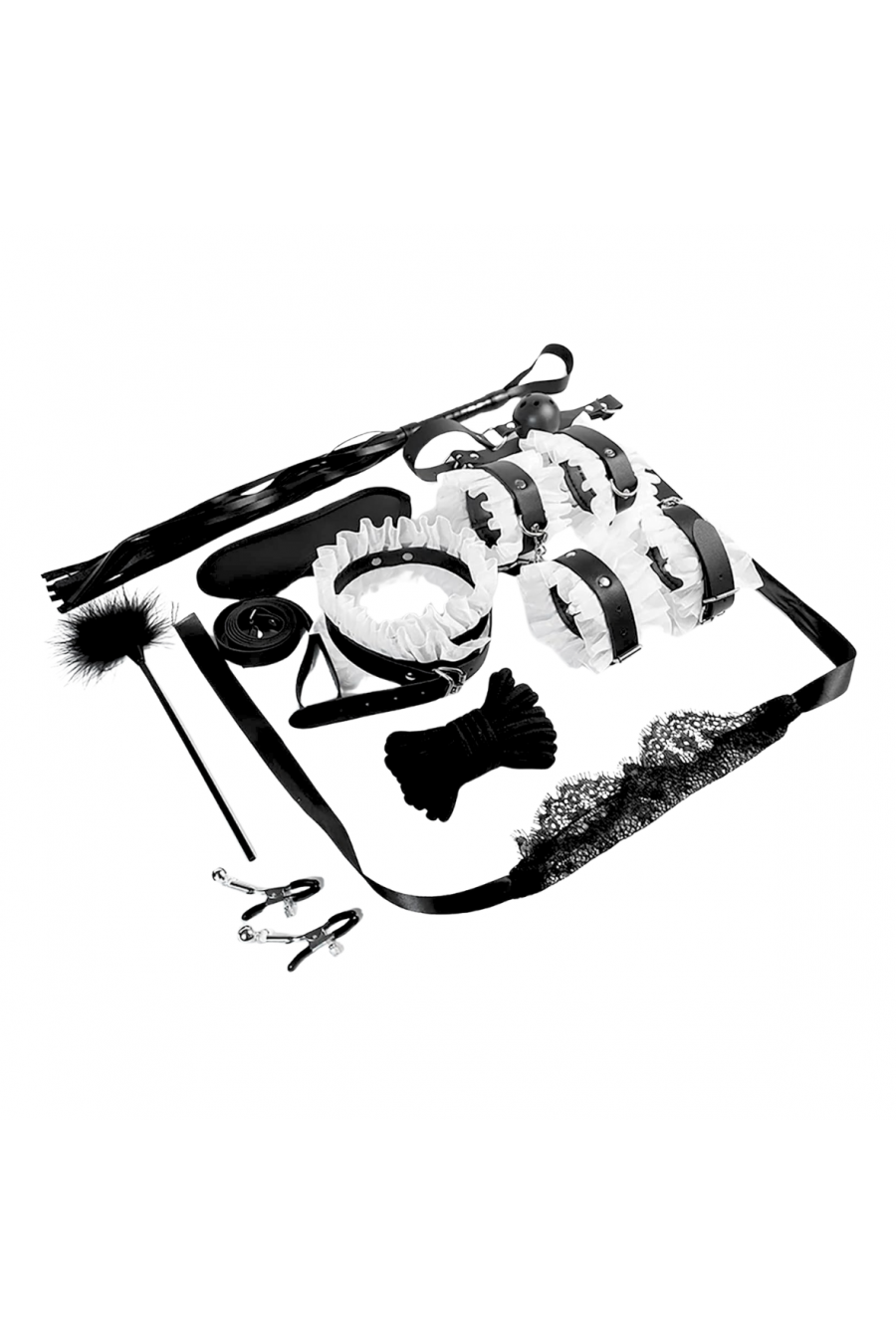 Kit Bdsm 11 piezas negro Blanco, Esposa Latigo cuerda