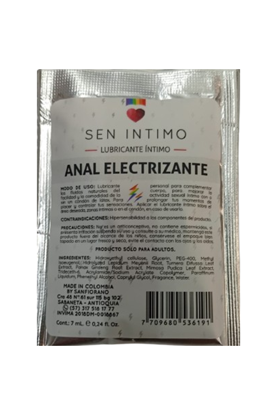 Lubricante Íntimo Electrizante - A Base de Agua 7ml Anal